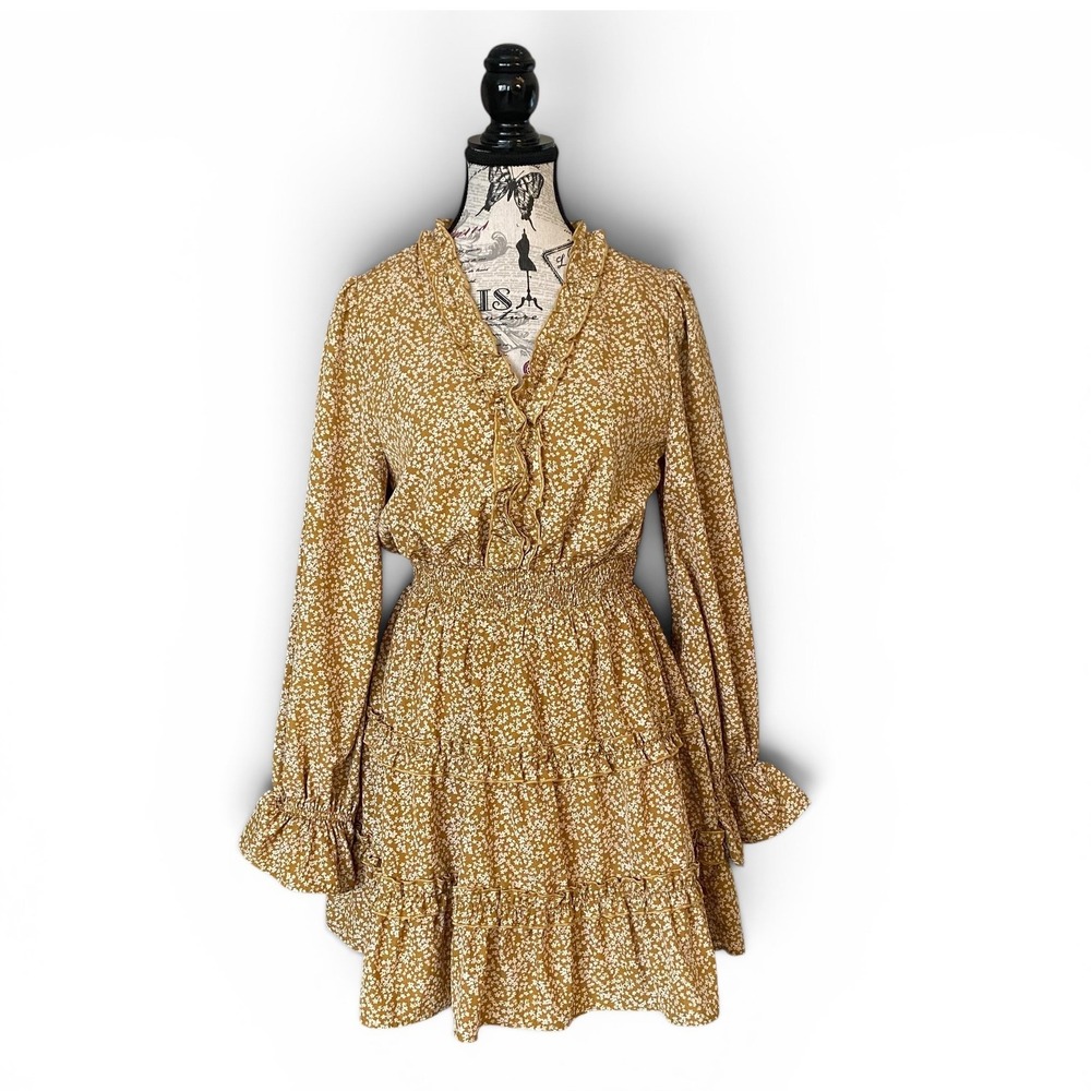 Loveriche Floral Dress Womens Small Mustard Yellow Smocked Ruffle Mini Cottage